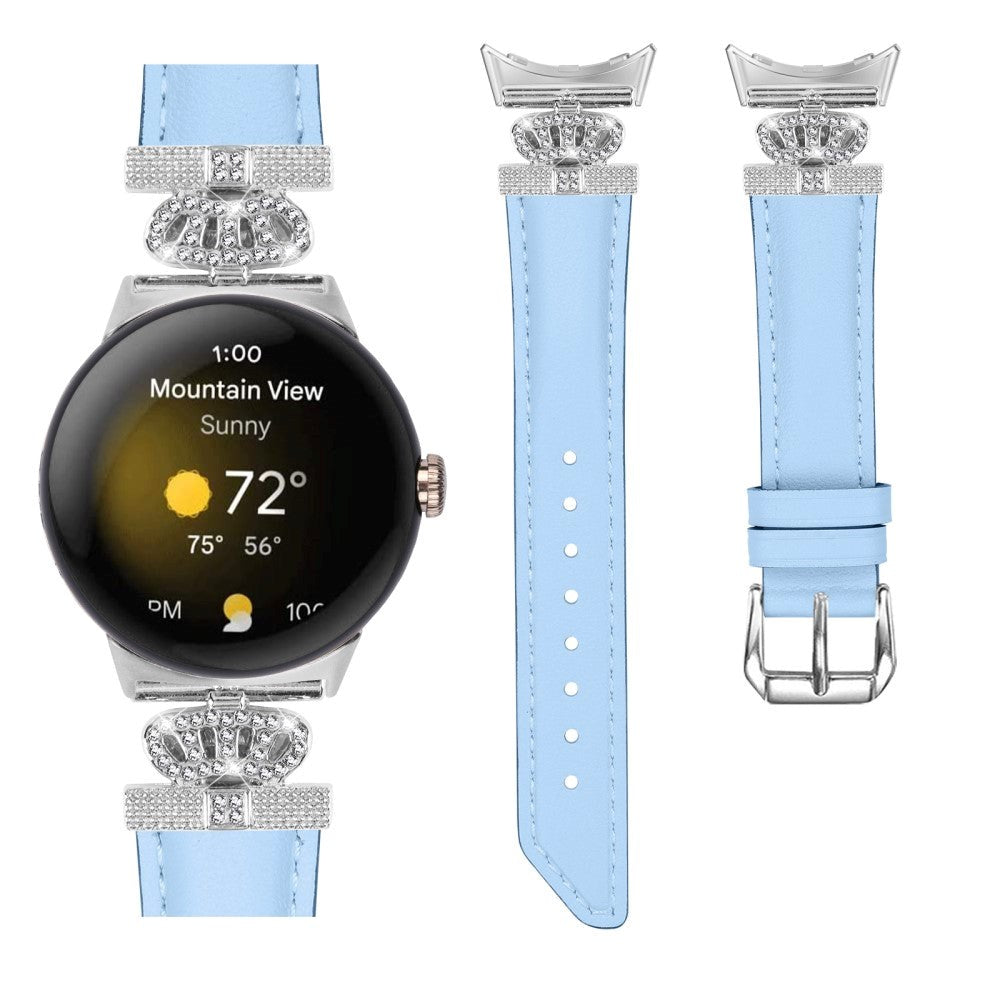 Google Pixel Watch 1 / 2 / 3 (41mm) Kunstlæder Urrem m. Sølv Rhinsten Spænde - Blå