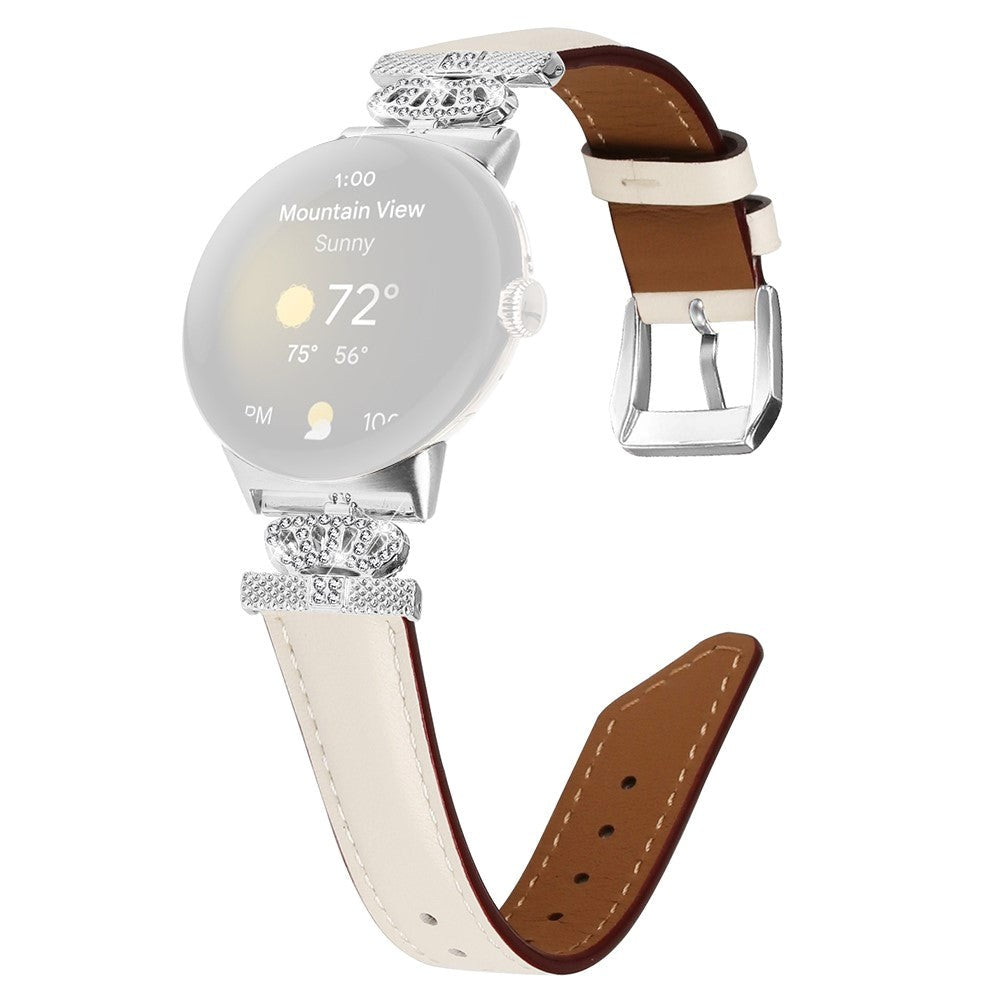 Google Pixel Watch 1 / 2 / 3 (41mm) Kunstlæder Urrem m. Sølv Rhinsten Spænde - Beige