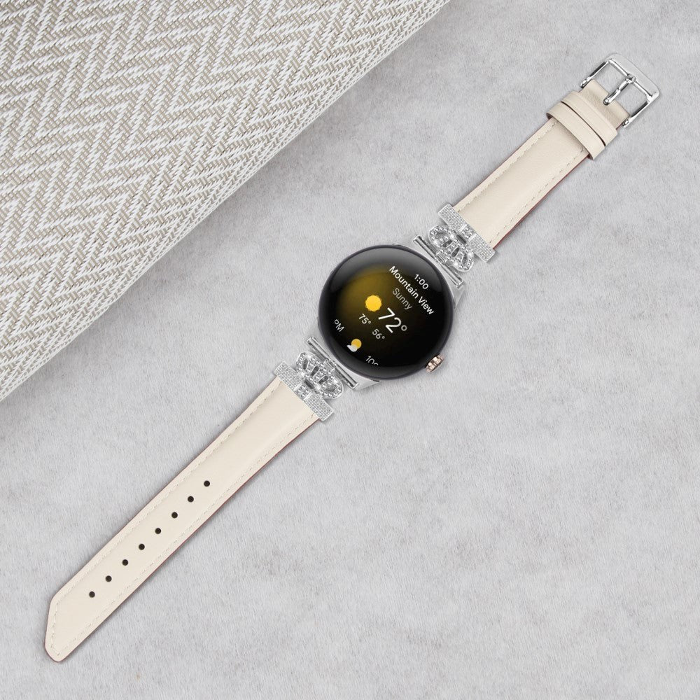 Google Pixel Watch 1 / 2 / 3 (41mm) Kunstlæder Urrem m. Sølv Rhinsten Spænde - Beige