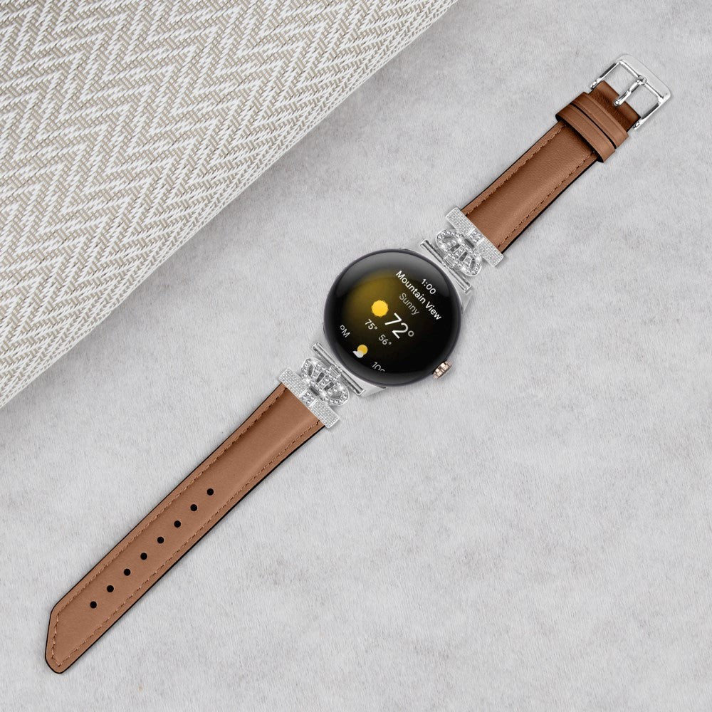 Google Pixel Watch 1 / 2 / 3 (41mm) Kunstlæder Urrem m. Sølv Rhinsten Spænde - Brun