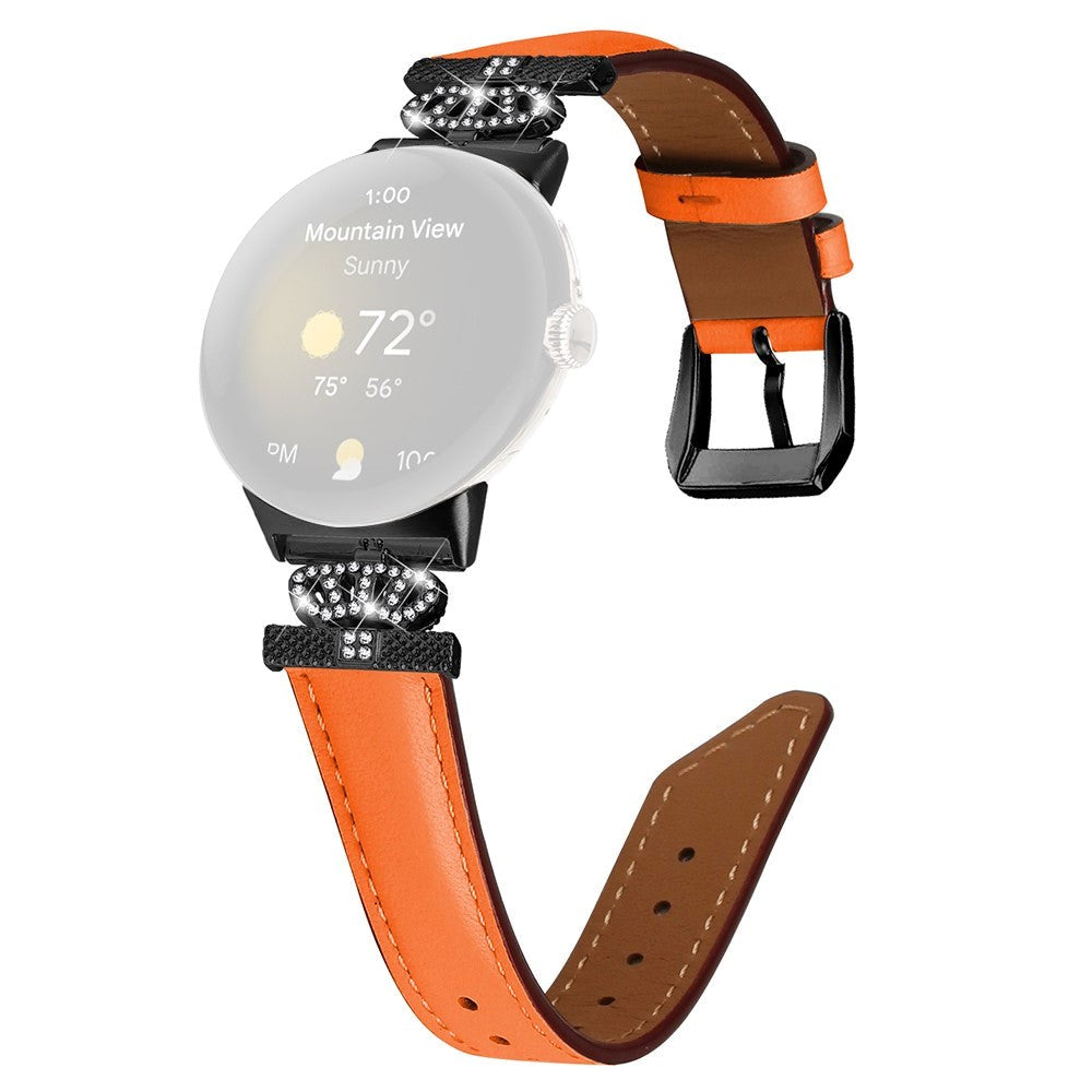 Google Pixel Watch 1 / 2 / 3 (41mm) Kunstlæder Urrem m. Sort Rhinsten Spænde - Orange