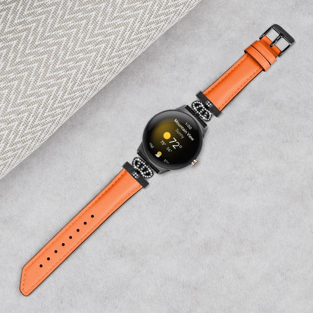Google Pixel Watch 1 / 2 / 3 (41mm) Kunstlæder Urrem m. Sort Rhinsten Spænde - Orange