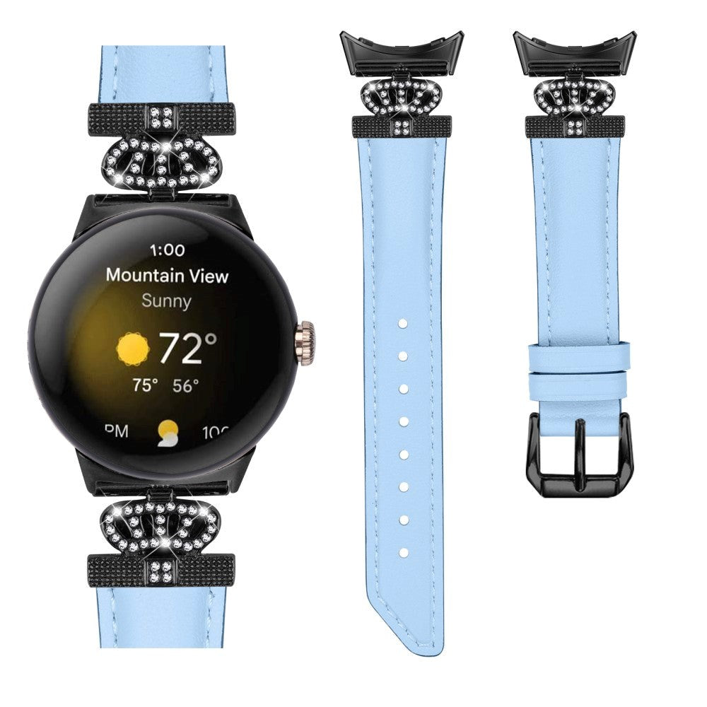Google Pixel Watch 1 / 2 / 3 (41mm) Kunstlæder Urrem m. Sort Rhinsten Spænde - Blå