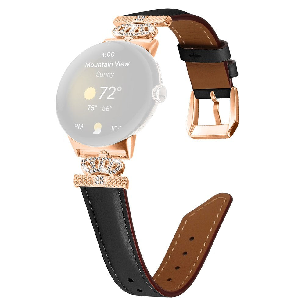 Google Pixel Watch 1 / 2 / 3 (41mm) Kunstlæder Urrem m. Rose Gold Rhinsten Spænde - Sort