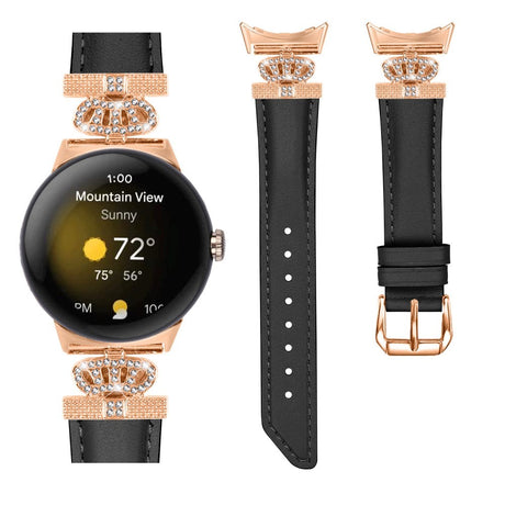 Google Pixel Watch 1 / 2 / 3 Kunstlæder Urrem m. Rose Gold Rhinsten Spænde - Sort