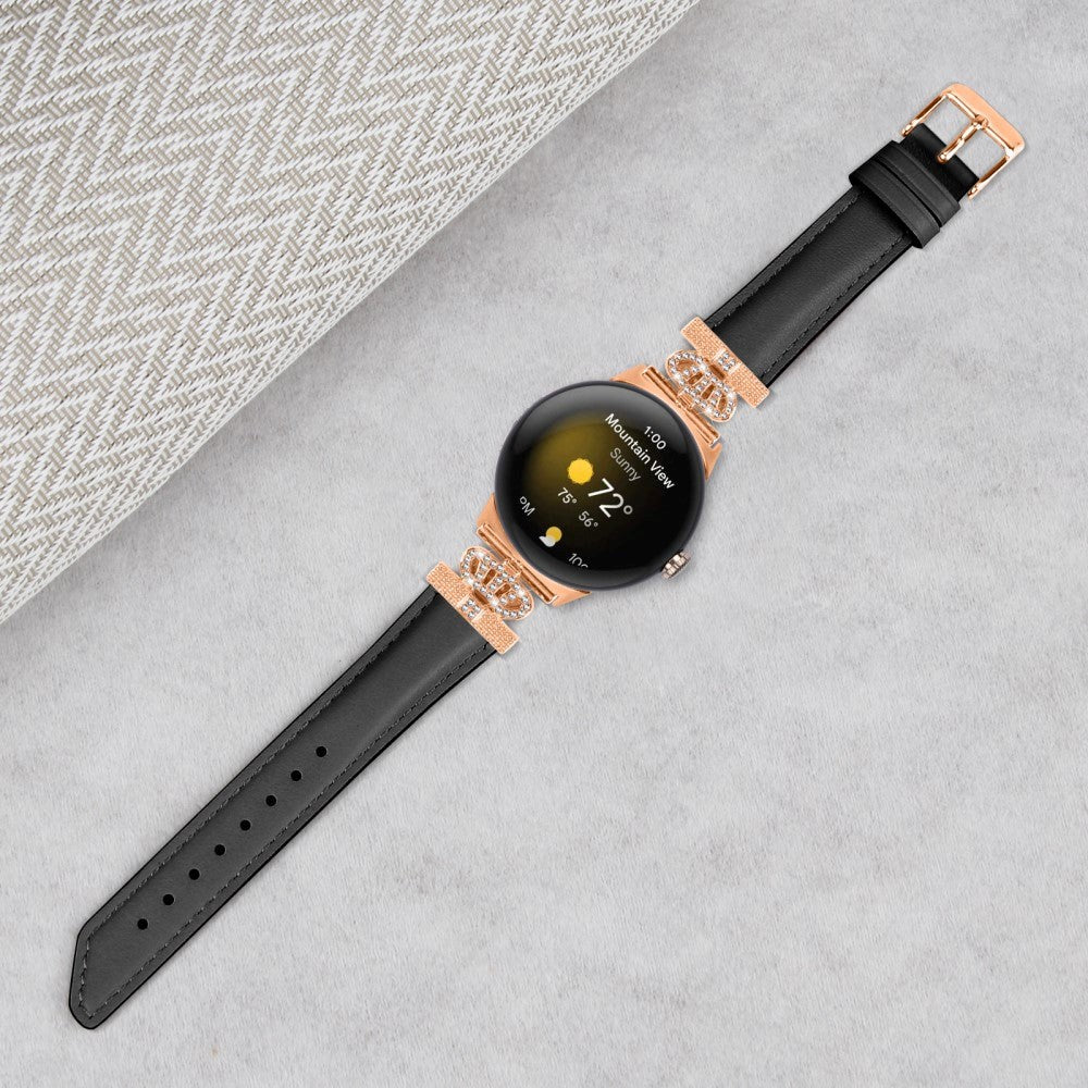 Google Pixel Watch 1 / 2 / 3 (41mm) Kunstlæder Urrem m. Rose Gold Rhinsten Spænde - Sort