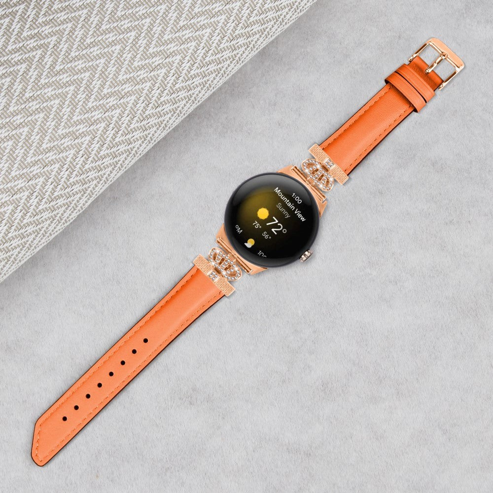 Google Pixel Watch 1 / 2 / 3 (41mm) Kunstlæder Urrem m. Rose Gold Rhinsten Spænde - Orange