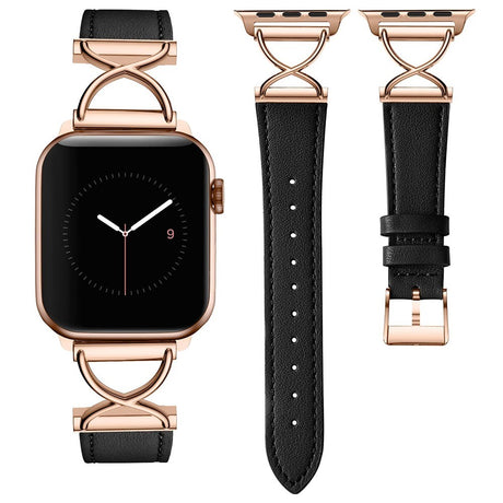 Apple Watch (38/40/SE/41/42mm) Klassisk Kunst Læder Smartwatch Rem - Sort / Rose Gold