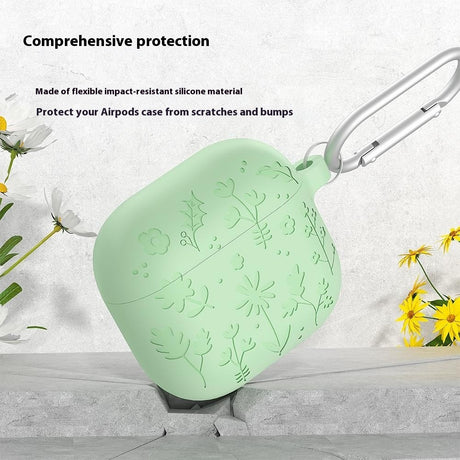 Apple AirPods (4. gen.) Silikone Cover m. Karabinhage og Blomsterdesign - Lysegrøn