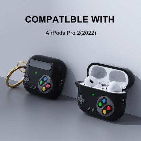 Apple Airpods Pro 2nd Gen (2022) Silikone Cover m. Karabinhage - Spillekonsol Design - Sort