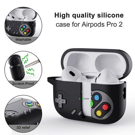 Apple Airpods Pro 2nd Gen (2022) Silikone Cover m. Karabinhage - Spillekonsol Design - Grå