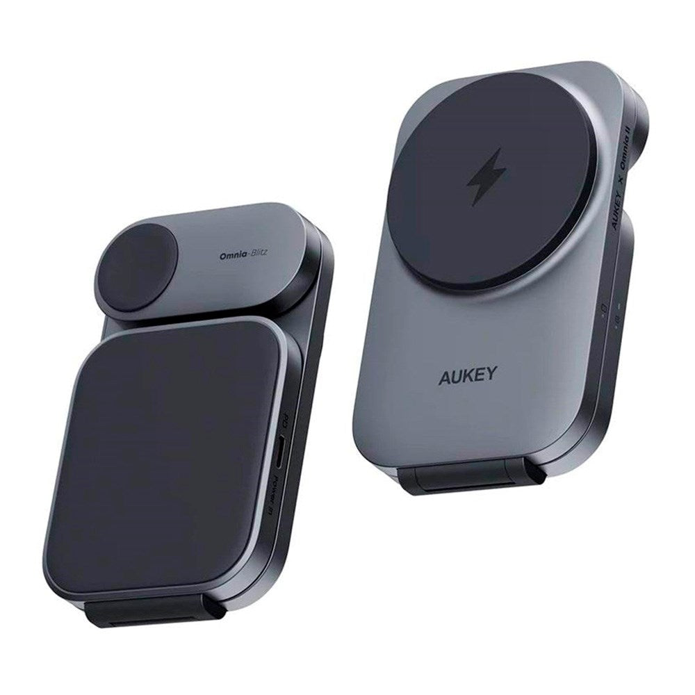 Aukey - MagFusion 3-i-1 Magnetisk Foldbar Trådløs Oplader - MagSafe Kompatibel - Grå