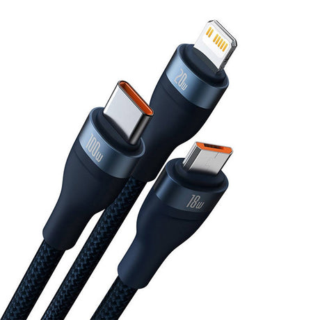 Baseus Flash Series 2 - 3-i-1 USB Multi Kabel m. USB-C, Lightning & Micro-USB 100W - 1.2 Meter - Blå