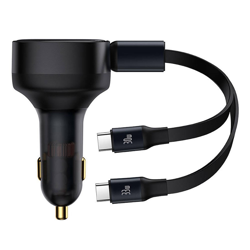 Baseus Biloplader 33W m. Udtrækkelig Ledning m. 2 x USB-C Kabel - Sort