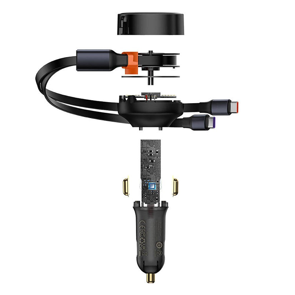 Baseus Biloplader 33W m. Udtrækkelig Ledning m. 2 x USB-C Kabel - Sort
