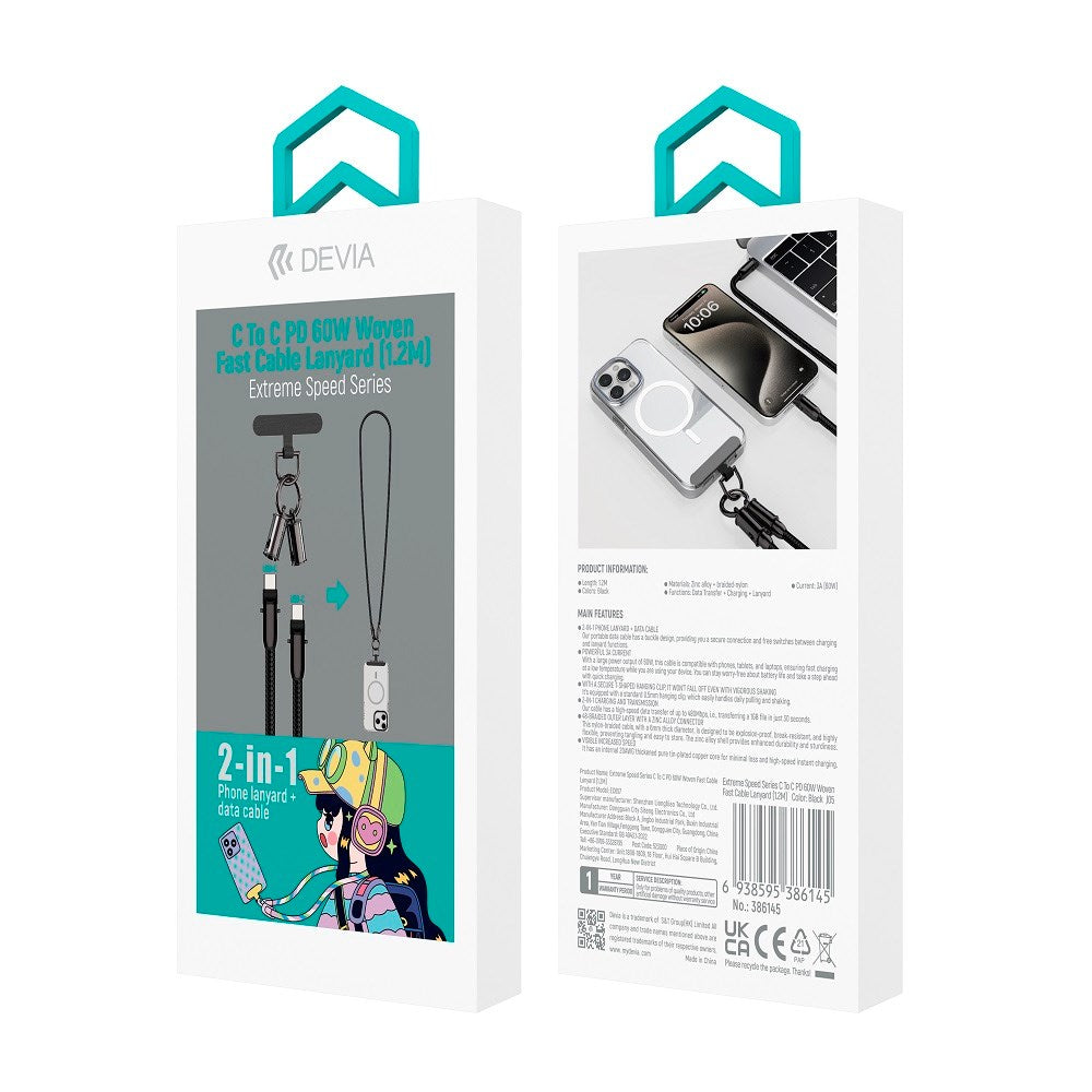 Devia - 2-i-1 Mobilstrop & USB-C til USB-C Kabel - Sort