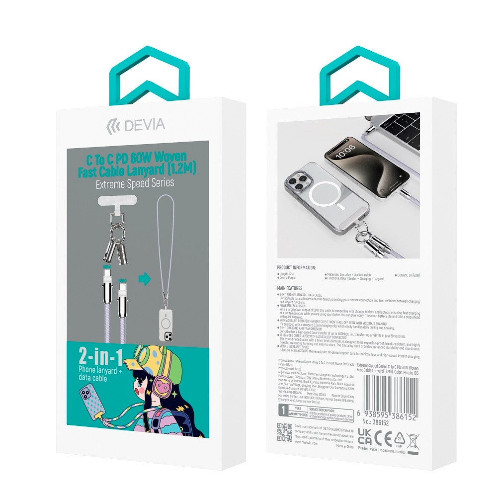 Devia - 2-i-1 Mobilstrop & USB-C til USB-C Kabel - Lilla