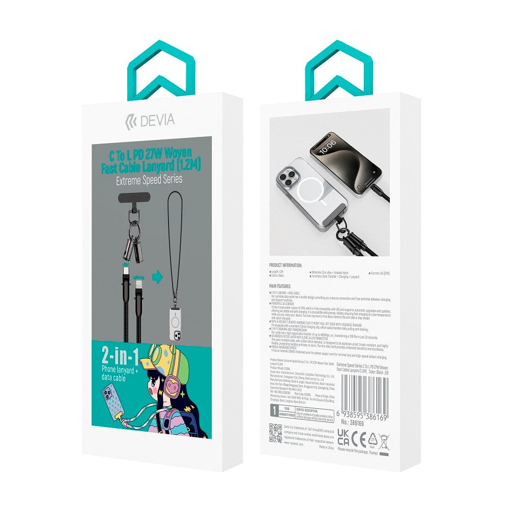 Devia - 2-i-1 Mobilstrop & USB-C til Lightning Kabel - Sort