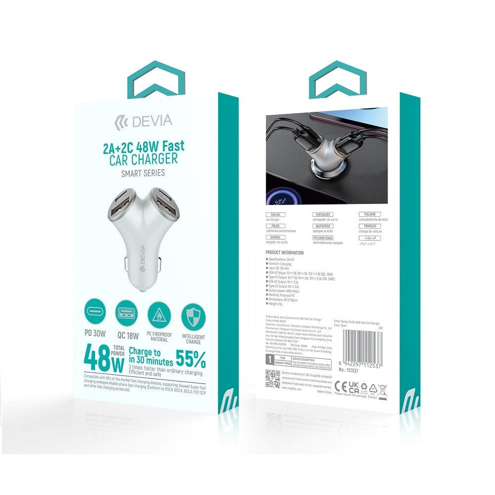 Devia Y-Formet 48W Biloplader - 2 x USB-C Stik - 2 x USB-A Stik - Sølv