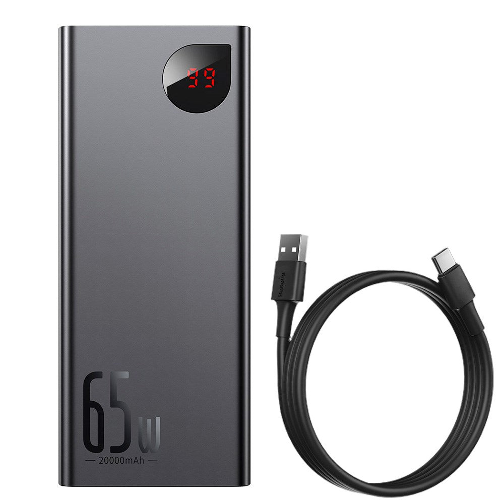 Baseus Adaman 65W Powerbank 20.000mAh med 2 x USB-A & USB-C - USB-C Kabel - Sort