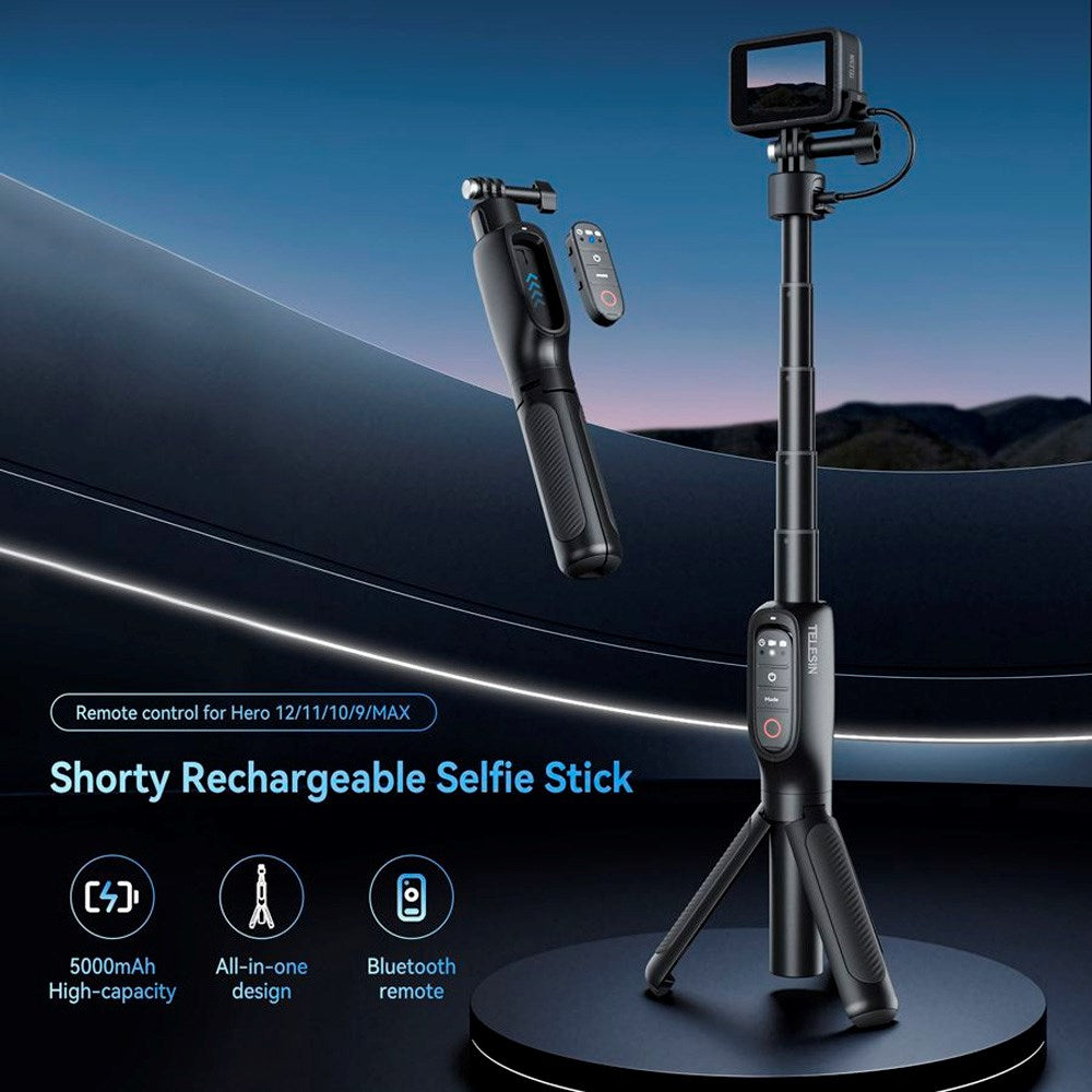 TELESIN 3-i-1 PowerBank Selfie Stick - GoPro Hero 9 / 10 / 11 / 12 / 13 / MAX - Sort