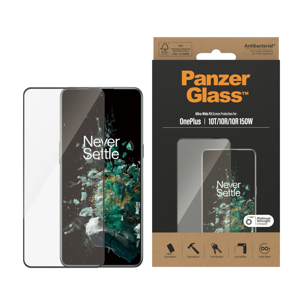 PanzerGlass OnePlus 10T Ultra Wide Fit Skærmbeskyttelsesglas - Platinum Strength - Sort Kant