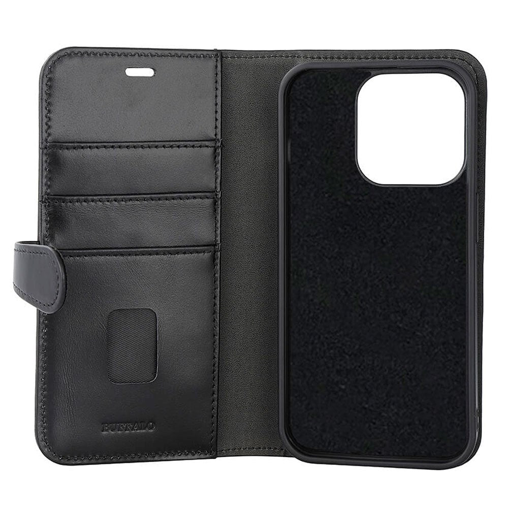 Buffalo iPhone 15 Pro 2-in-1 Wallet Ægte Læder Magnet Flip Cover m. Pung - Sort