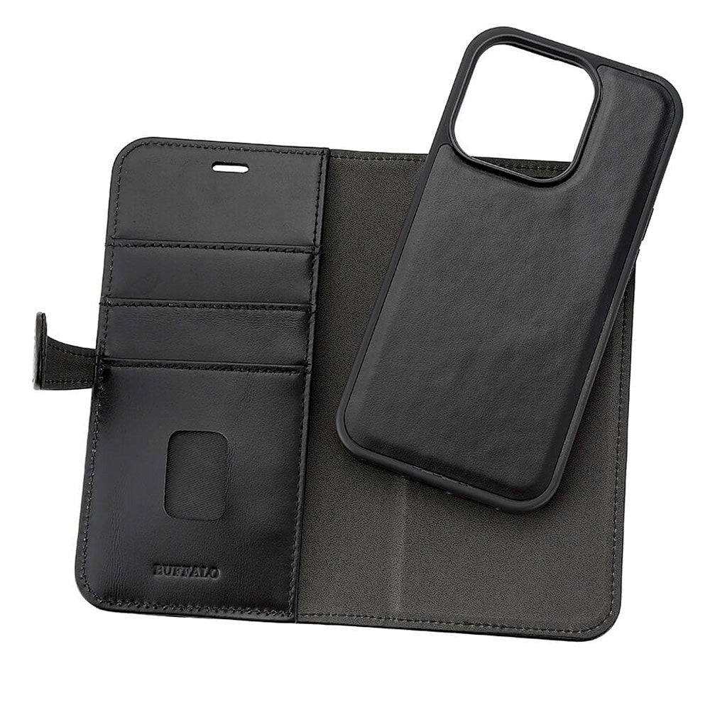 Buffalo iPhone 15 Pro 2-in-1 Wallet Ægte Læder Magnet Flip Cover m. Pung - Sort