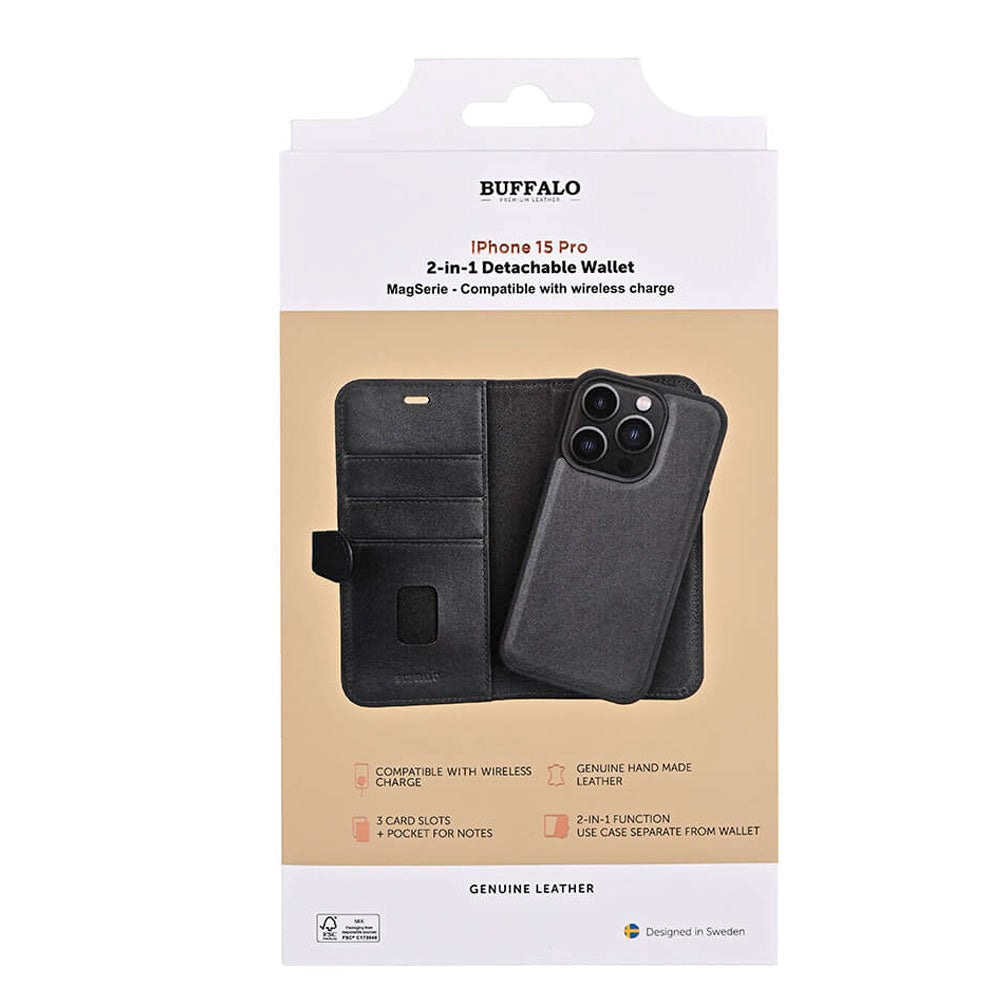 Buffalo iPhone 15 Pro 2-in-1 Wallet Ægte Læder Magnet Flip Cover m. Pung - Sort
