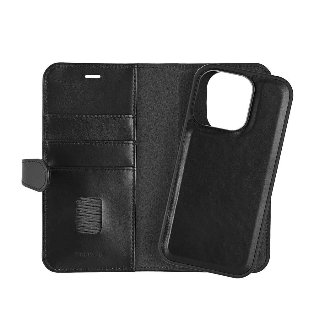 Buffalo iPhone 16 Pro 2-in-1 Wallet Ægte Læder Magnet Flip Cover m. Pung - MagSafe Kompatibel - Sort