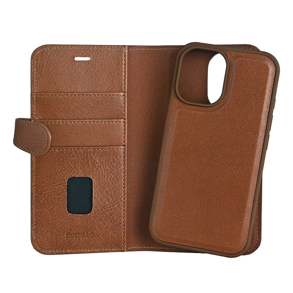 Buffalo iPhone 16 2-in-1 Wallet Ægte Læder Magnet Flip Cover m. Pung - MagSafe Kompatibel - Brun