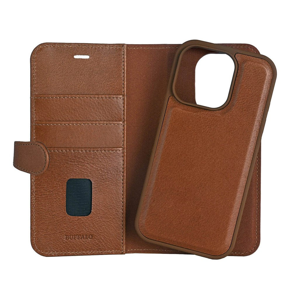 Buffalo iPhone 16 Pro 2-in-1 Wallet Ægte Læder Magnet Flip Cover m. Pung - MagSafe Kompatibel - Brun