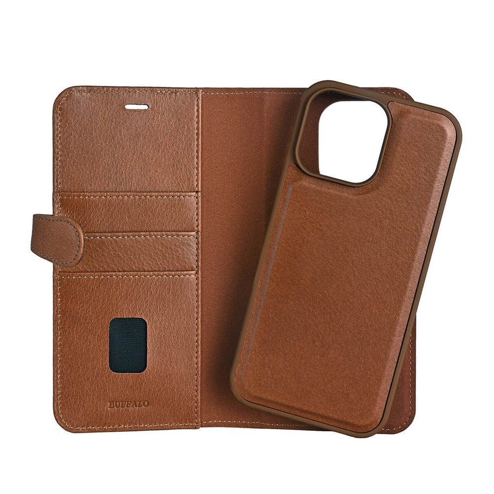 Buffalo iPhone 16 Pro Max 2-in-1 Wallet Ægte Læder Magnet Flip Cover m. Pung - MagSafe Kompatibel - Brun