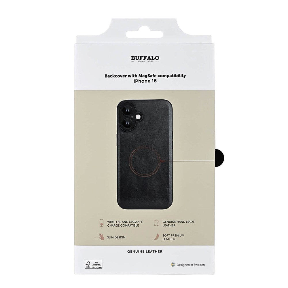Buffalo iPhone 16 Ægte Læder Bagside Cover - MagSafe Kompatibel - Sort