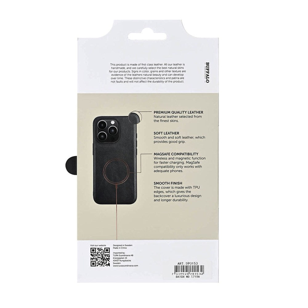 Buffalo iPhone 16 Pro Ægte Læder Bagside Cover - MagSafe Kompatibel - Sort