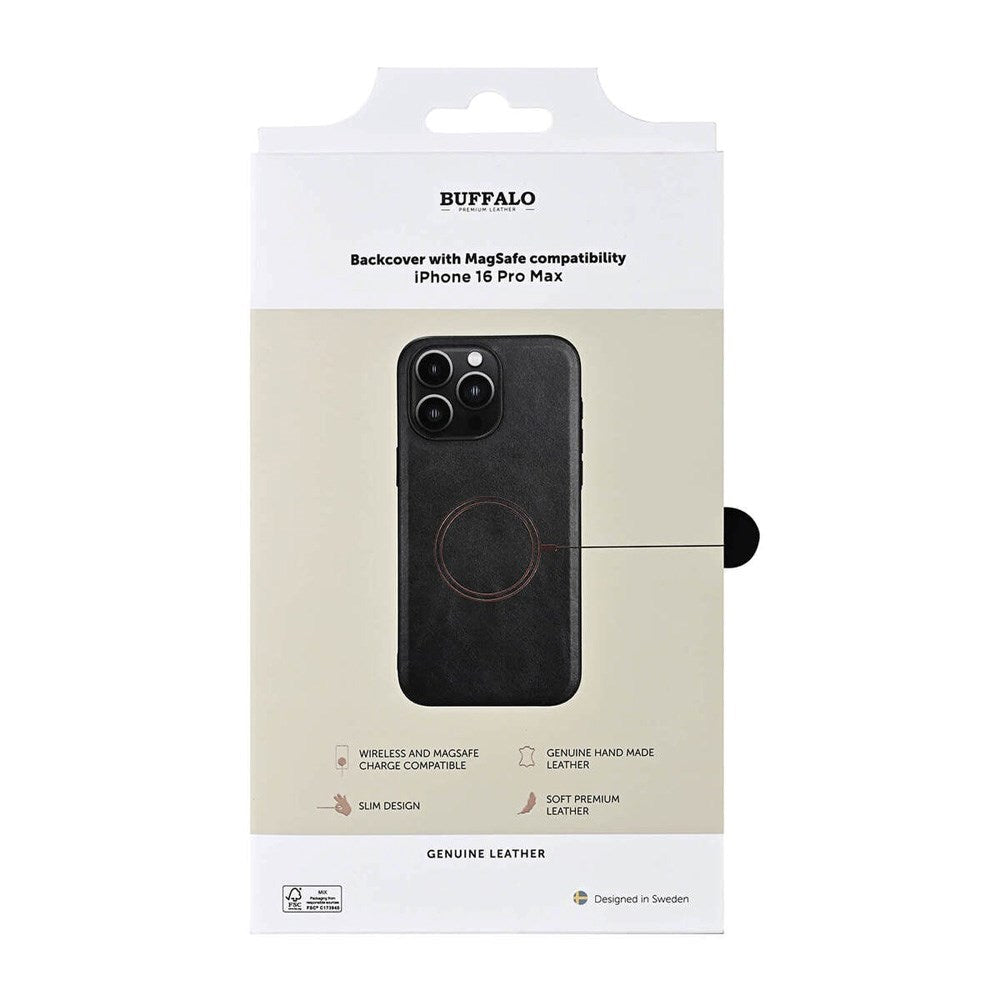 Buffalo iPhone 16 Pro Max Ægte Læder Bagside Cover - MagSafe Kompatibel - Sort