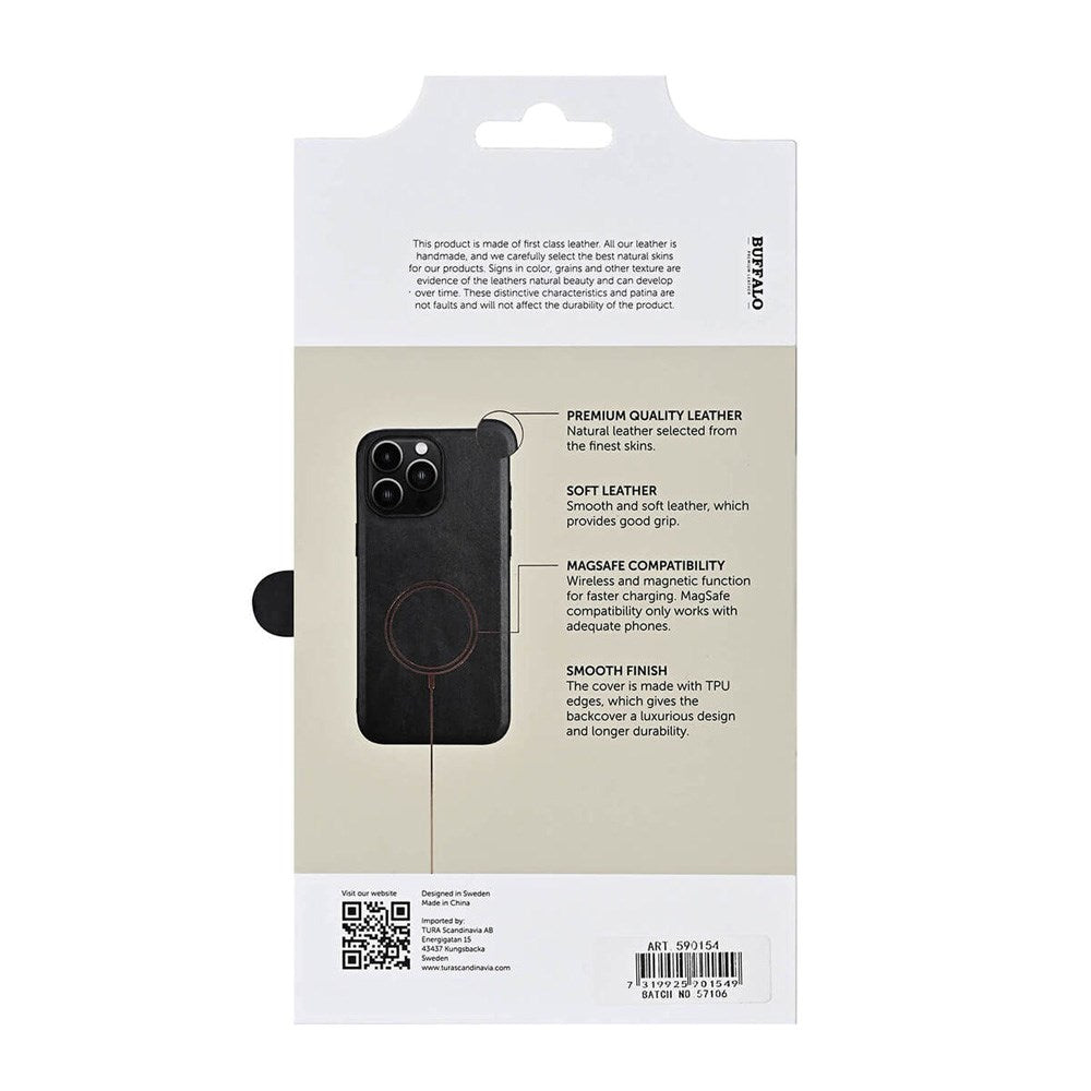 Buffalo iPhone 16 Pro Max Ægte Læder Bagside Cover - MagSafe Kompatibel - Sort