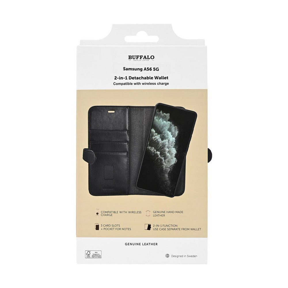 Buffalo Samsung Galaxy A56 (5G) 2-in-1 Wallet Magnet Flip Cover m. Pung - Ægte Læder - Sort