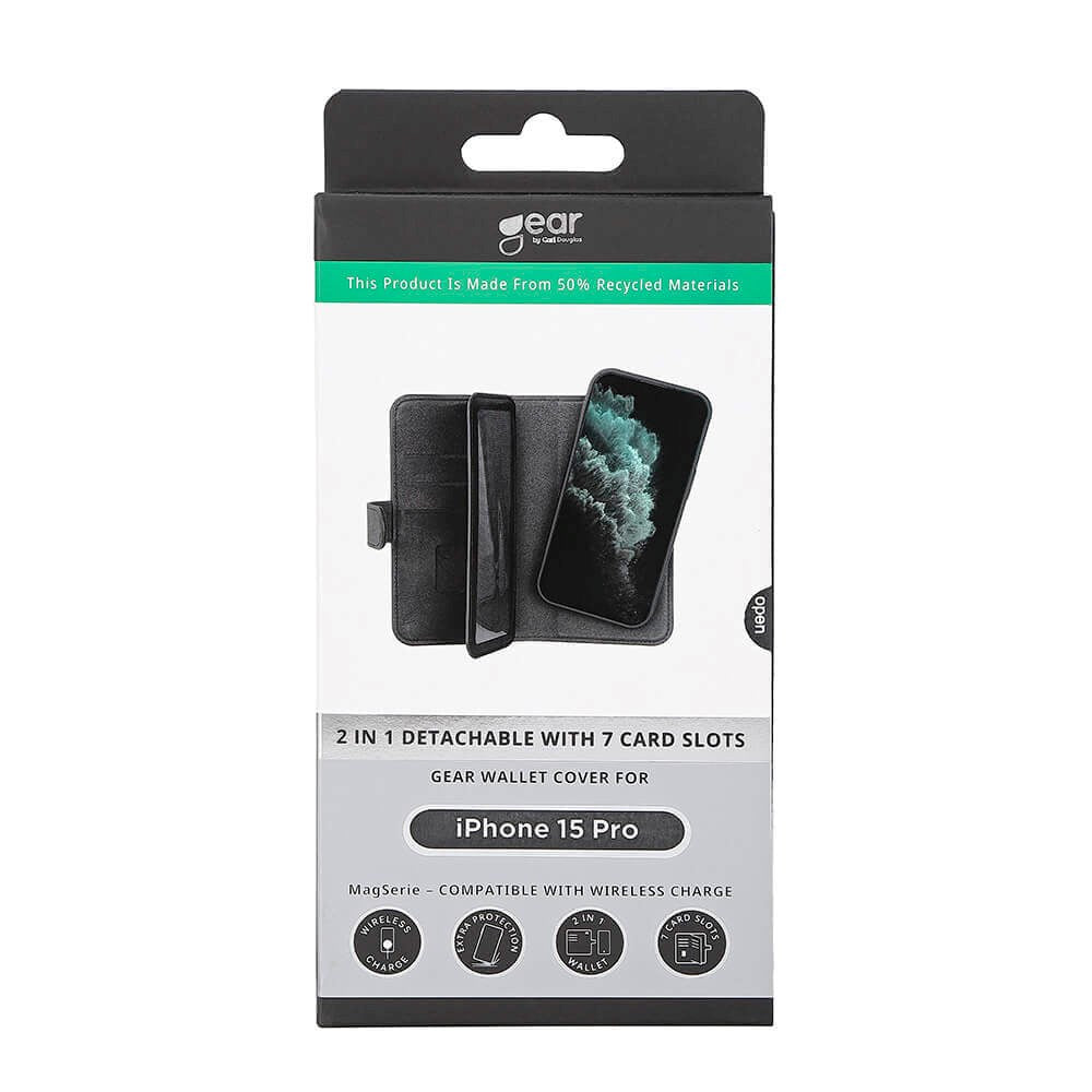 GEAR iPhone 15 Pro Læder Flip Cover 2-i-1 m. Pung 7 kort - Sort