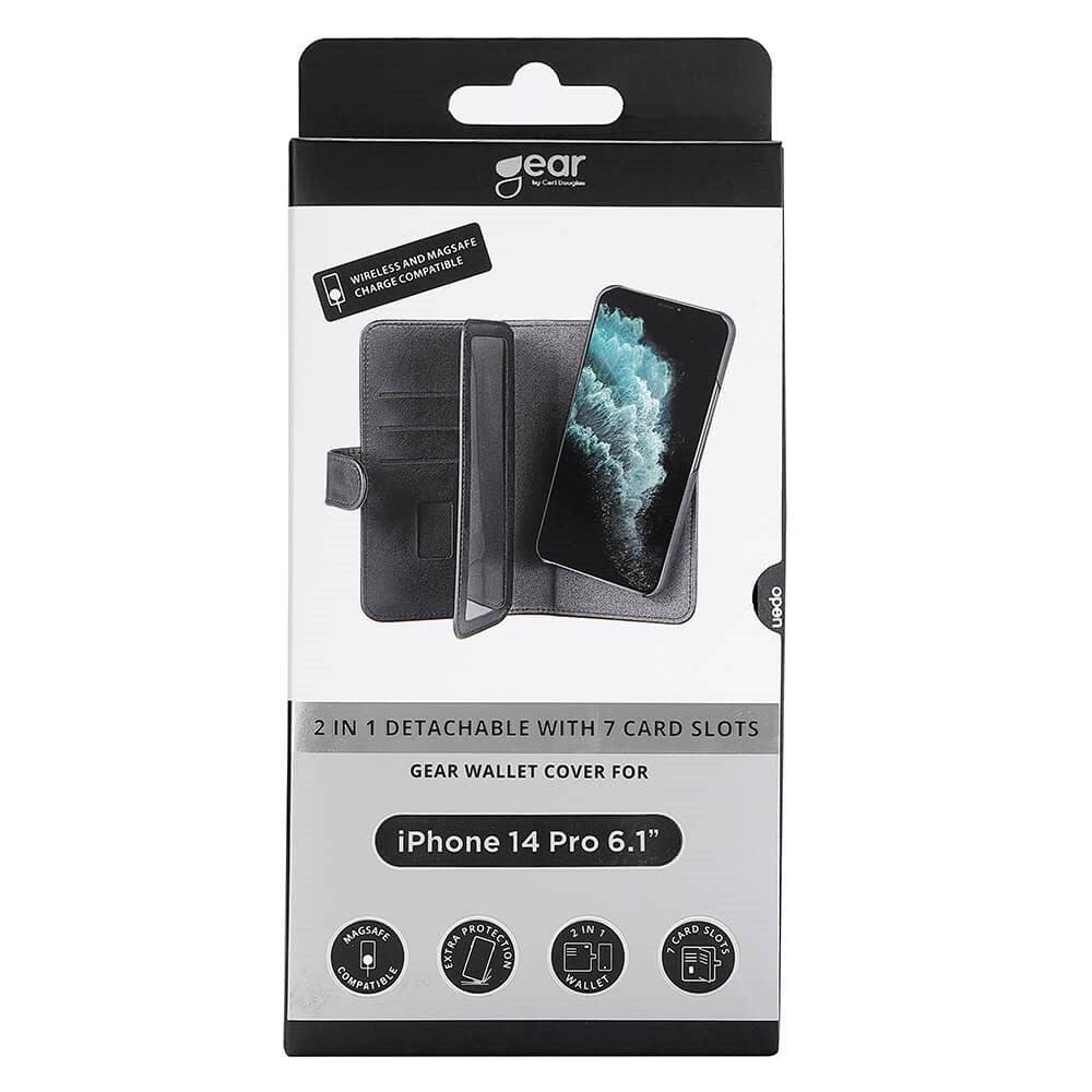 GEAR iPhone 14 Pro Wallet - Læder Flip 2-i-1 Cover m. Pung 7 Kort - Sort