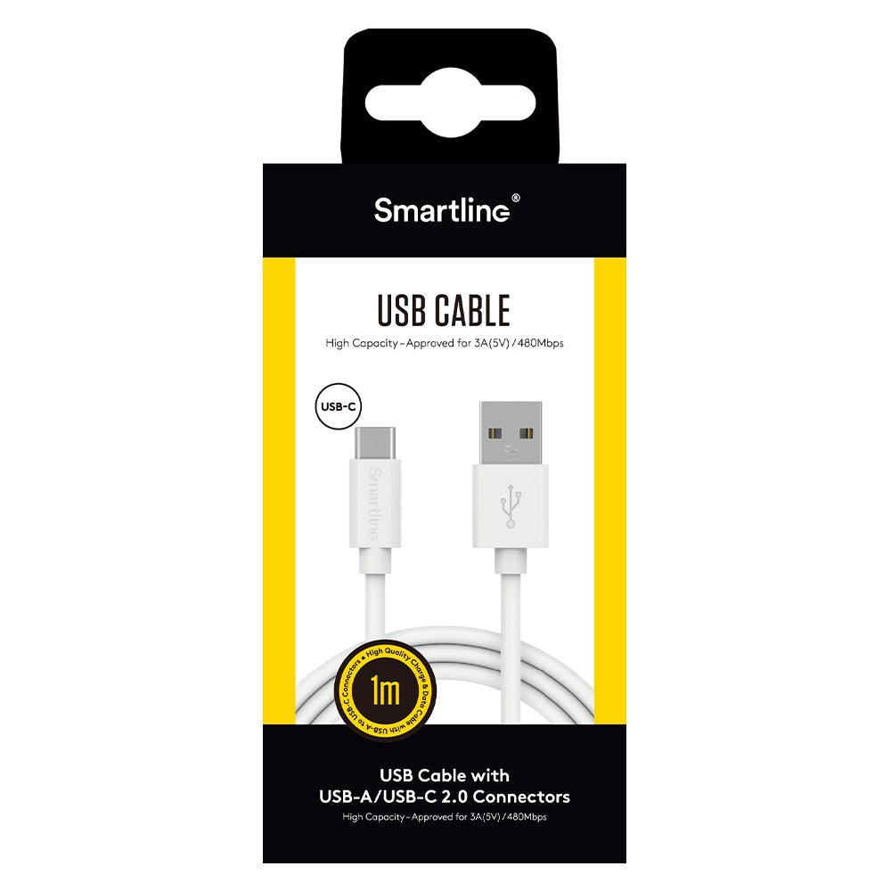 Smartline (3A/15W) USB2.0 - USB-C Kabel 1 m. - Hvid