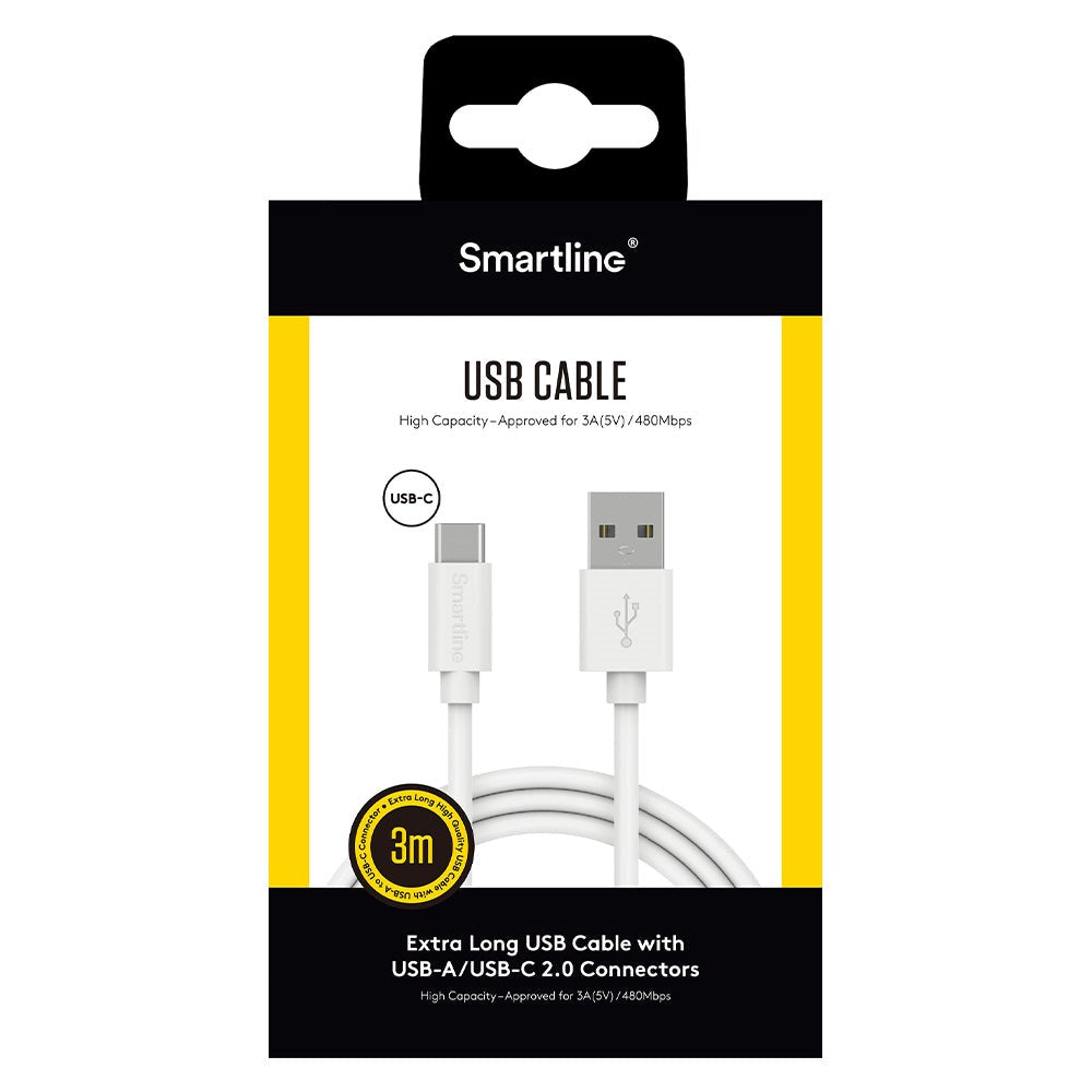 Smartline (3A/15W) USB2.0 - USB-C Kabel 3 m. - Hvid