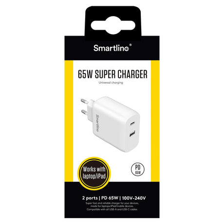 Smartline Super Charger PD 65W Vægoplader USB-C & USB-A - Hvid