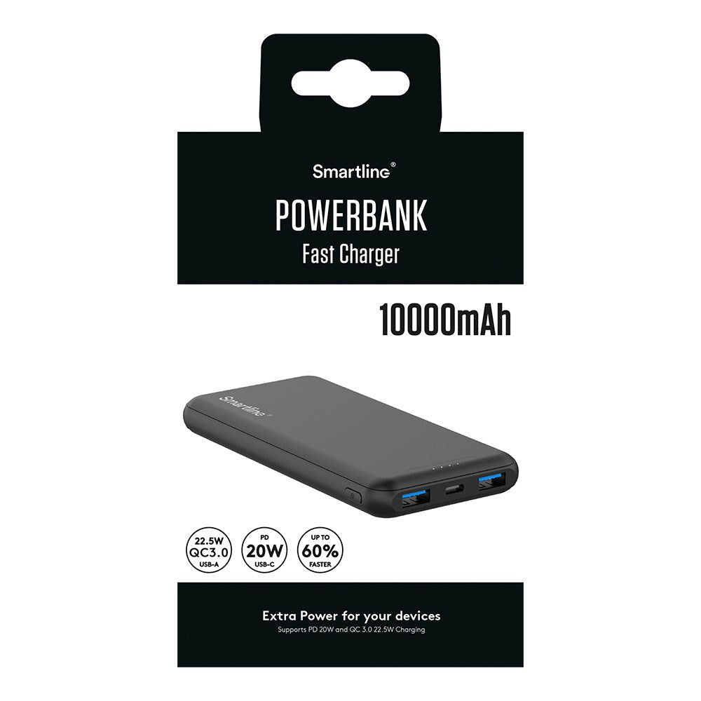 Smartline 22.5W Powerbank med 1 x USB-A (QC) & 2 x USB-C (PD) - 10000 mAh - Sort