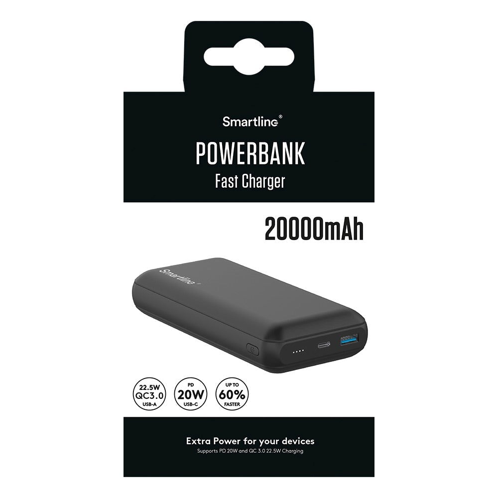 Smartline 22.5W Powerbank med 1 x USB-A (QC) & 1 x USB-C (PD) - 20000 mAh - Sort