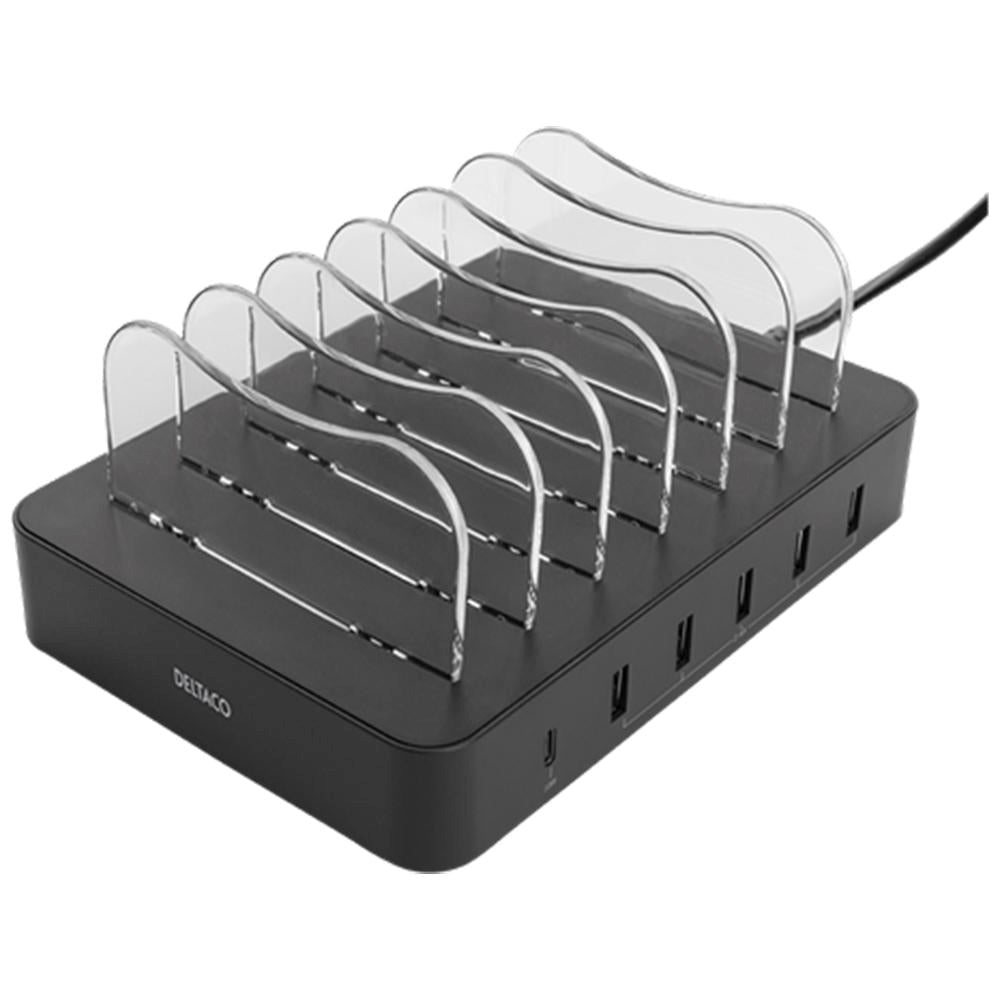 Deltaco 6 Port 50W Charging Station m. 5 x USB-A / 1 x USB-C Port - Sort