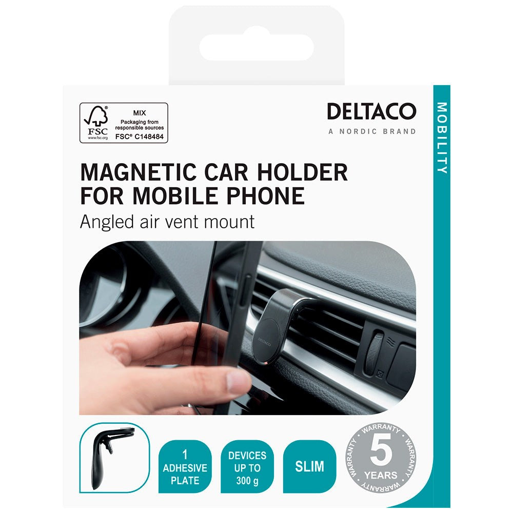 Deltaco Magnetisk Mobilholder med Klips & Ekstra Magnet - Sølv / Sort