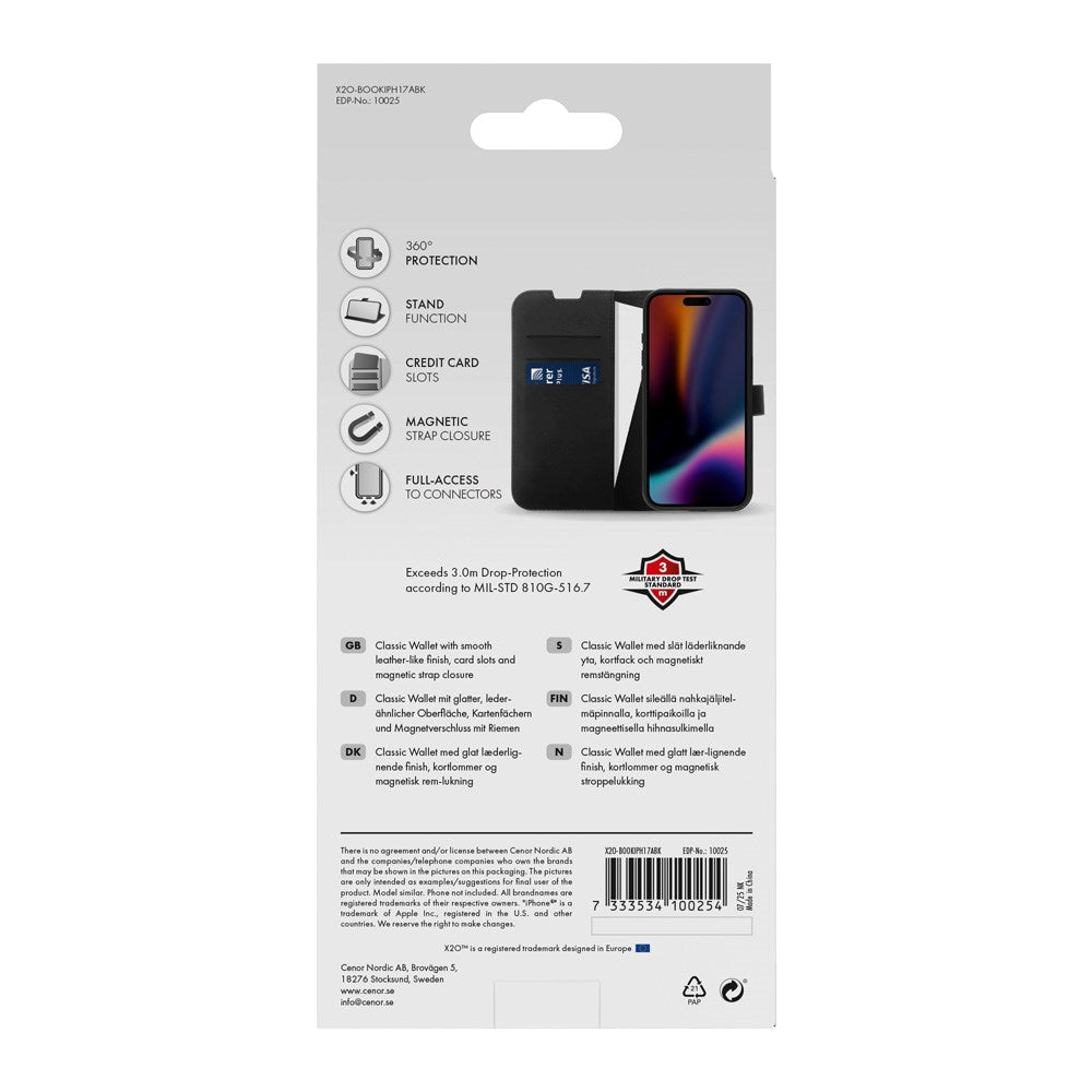 iPhone Air X2O Classic Wallet Flip Case m. Pung & Ståfunktion - Sort