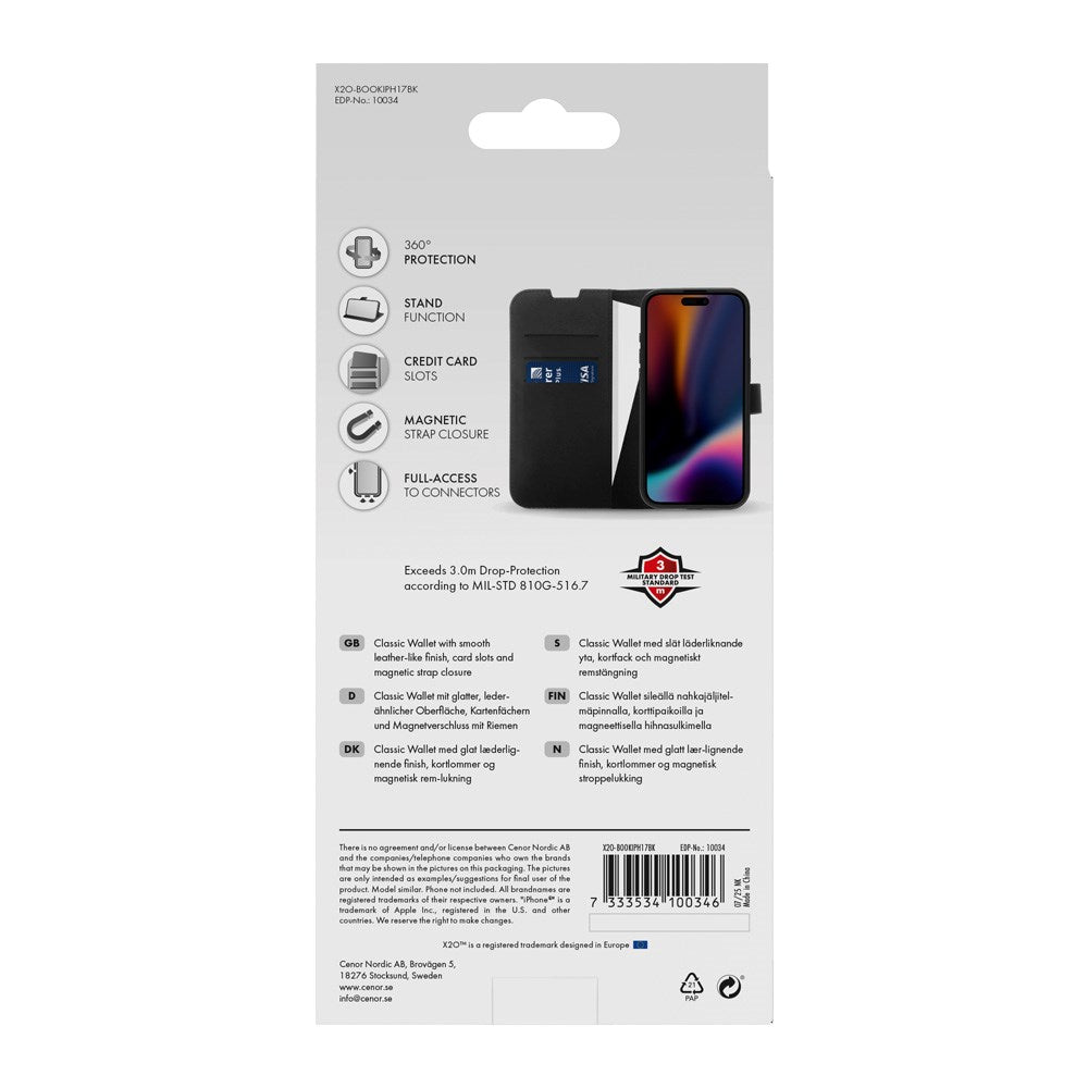 iPhone 17 X2O Classic Wallet Flip Case m. Pung & Ståfunktion - Sort