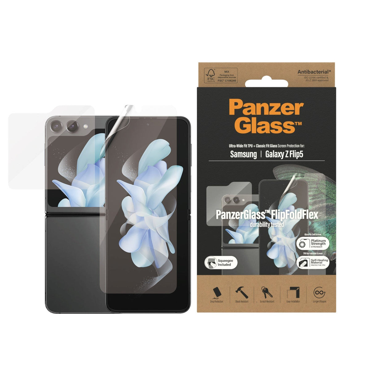PanzerGlass Samsung Galaxy Z Flip5 (5G) FlipFoldFlex Beskyttelsesglas - Platinum Strength - Gennemsigtig